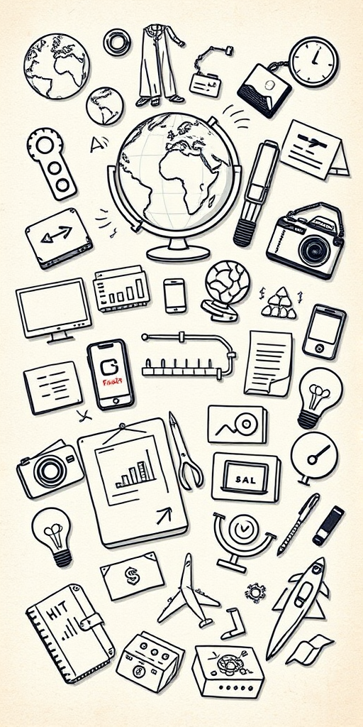 Create a detailed illustration of various business and travel icons including a globe, computer, camera, organizational chart, light bulb, money, hotel sign, and more, using a sketch style with a textured background, shot with a DSLR camera at f/8, ISO 100, 1/125 sec, overhead view, natural lighting to enhance clarity and depth.