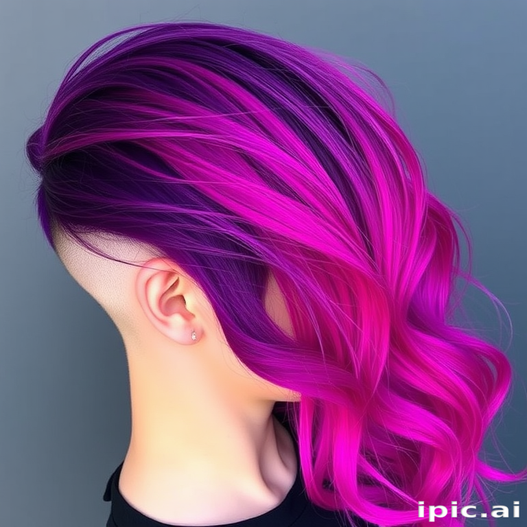 Daring trendsetter rocking a half-shaved head with long, wavy tresses on one side, colored in a bold purple to magenta ombré gradient