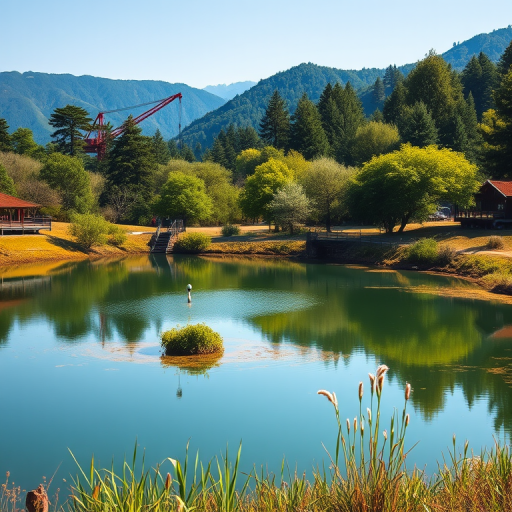 Create a serene landscape featuring a pond with a crane and a small bridge, surrounded by lush trees and distant mountains, captured with a Canon EOS R5 camera using a 35mm lens, aperture set to f/8 for depth of field, a sunny day setting for vibrant colors, and a balanced light exposure to enhance image clarity.