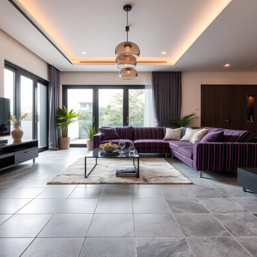 modern living room interior with gray tile flooring, purple and black striped couch, soft cushions, pendant lights, large glass door, natural light, taken with a DSLR camera at f/2.8, ISO 100, 35mm lens, wide-angle view, high-resolution image