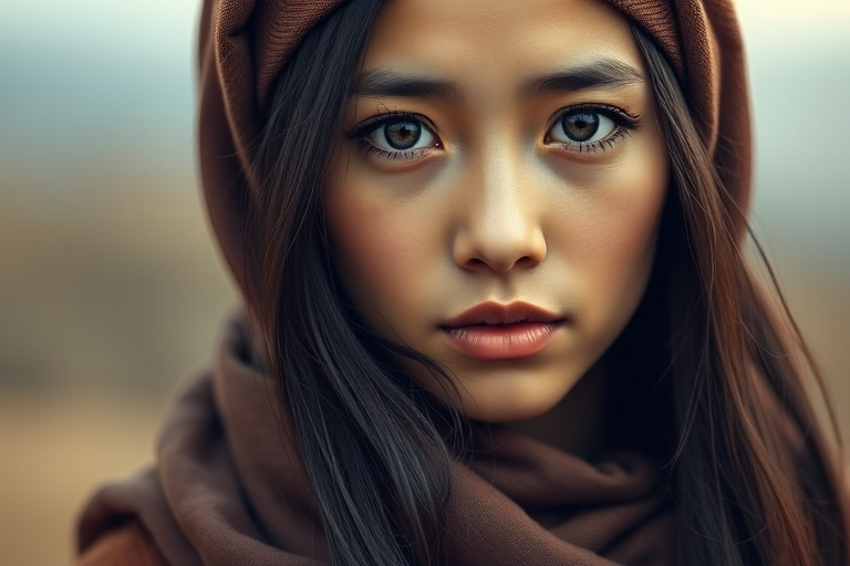 Create a portrait of a young Mongolian female with long, dark hair and captivating hazel eyes. She is wearing a brown headscarf and a matching scarf draped gracefully around her neck. The background is softly blurred, focusing attention on her serene and natural expression. The overall color palette is muted and warm, enhancing the intimate and authentic feel of the portrait.