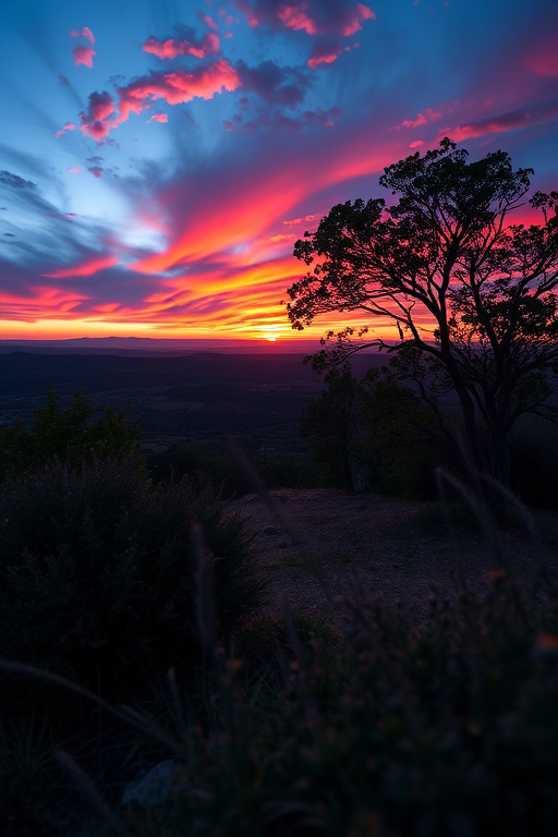 Generate a high-resolution image of a scenic landscape with vibrant sunset colors, using a Canon EOS R5 camera with a 24mm lens, aperture set to f/8, ISO 100, and a shutter speed of 1/60 seconds, captured from a low angle to emphasize the foreground elements.