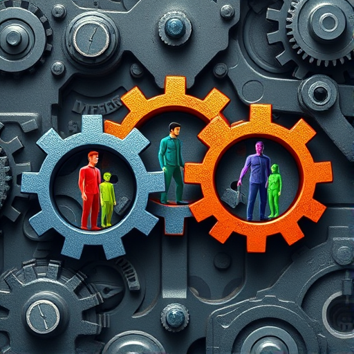 Create a digital illustration of three interconnected gears with diverse human figures inside them, set against a background of intricate grey machinery, using a Canon EOS R5, f/8 aperture, 50mm lens, high dynamic range, focus on vibrant colors and sharp details.