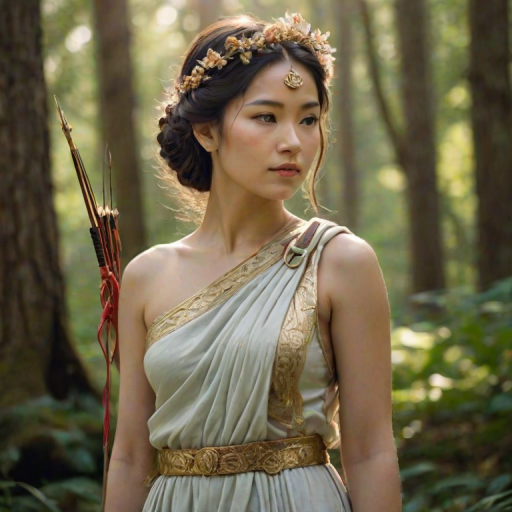 Create a portrait of a goddess-like Tibetan girl figure in a tranquil, forested environment. She has an elegant appearance with long, wavy hair styled in an updo and adorned with a delicate, floral headband. She wears a flowing, ancient Greek-inspired gown in a soft, pale color, featuring a one-shoulder design and draped fabric that accentuates her graceful form. The outfit includes a decorative belt with ornate gold detailing, and she holds a bow in her hand, with a quiver of arrows slung over her shoulder. The background depicts lush greenery, with sunlight filtering through the trees, casting a gentle, ethereal light on the scene. Her expression is calm and contemplative, embodying a sense of wisdom and serenity.