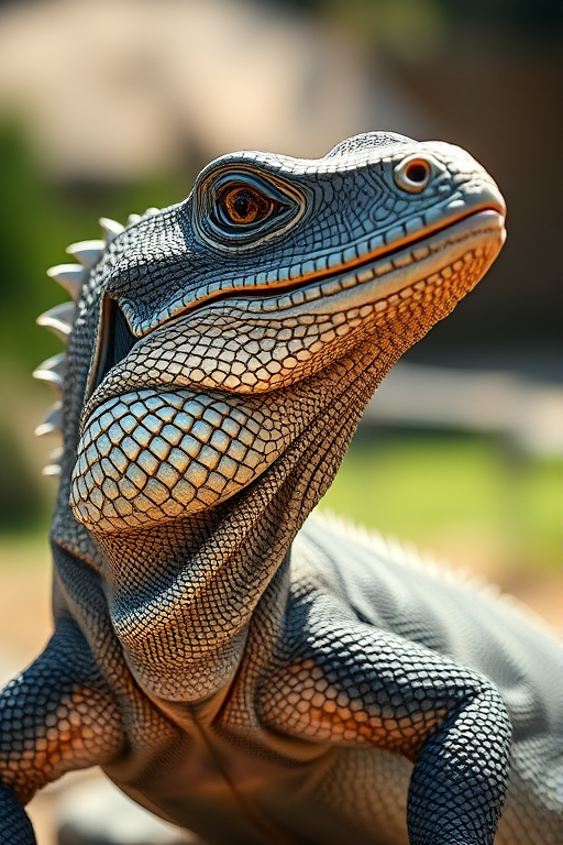 capture a detailed close-up of a Komodo dragon with a shallow depth of field, using a DSLR camera at 85mm focal length, f/2.8 aperture, ISO 200, in natural sunlight, with a slightly blurred background to enhance subject focus