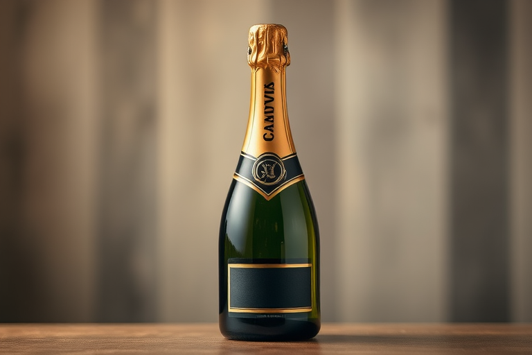 Create a high-resolution image of a champagne bottle against a soft-focus background, using a DSLR camera with a 50mm lens, aperture set to f/1.8, ISO 100, and a shutter speed of 1/200 sec for crisp detailing and a blurred backdrop.