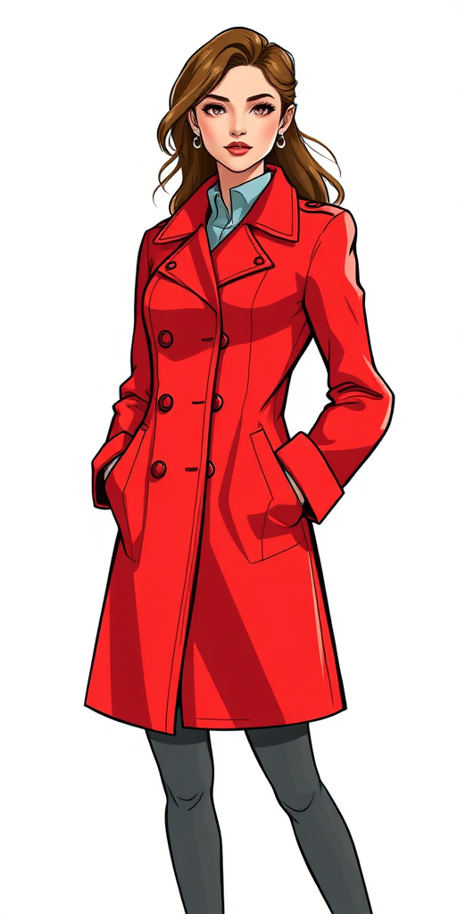 Generate an illustration of a woman wearing a bright red coat with buttons, standing confidently with her hands in her pockets, using a digital art style with a resolution of 300 DPI, 16:9 aspect ratio, angled slightly from the left, and emphasizing sharp lines and vibrant colors.