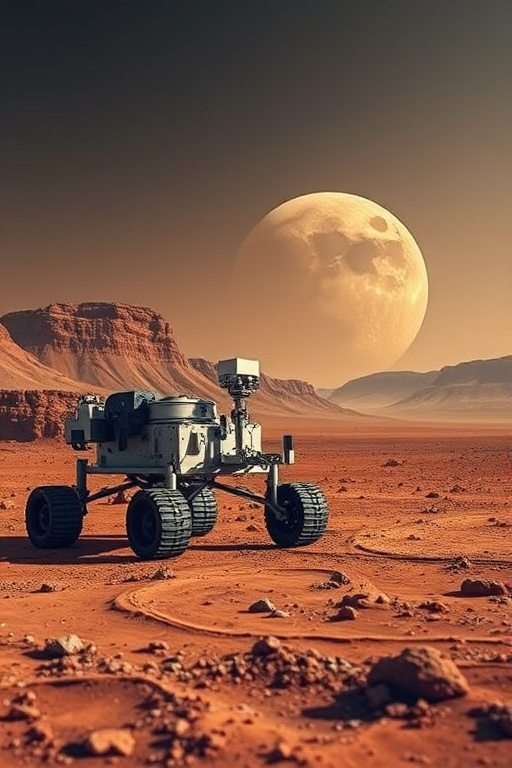 Create a high-resolution image of a Mars rover on the Martian surface with a clear view of the planet's reddish terrain and a large, detailed view of Mars in the sky, using a DSLR camera with a 50mm lens, aperture f/1.8, ISO 100, and a shutter speed of 1/250 sec at a low-angle perspective to enhance depth and detail.