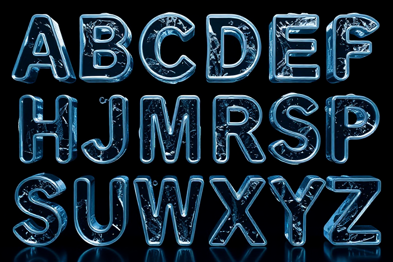 Generate a high-resolution image of an artistic alphabet display with letters A to Z, featuring water or ice textures in a modern, 3D style, set against a dark background, using a DSLR camera, ISO 100, f/8 aperture, 50mm lens, shot in a well-lit studio environment.