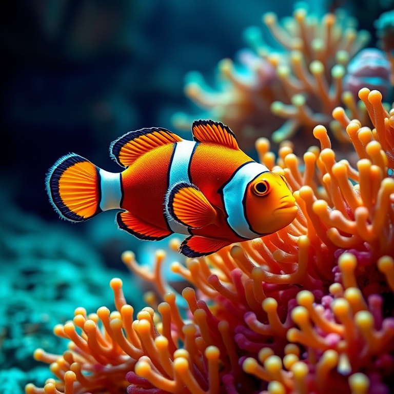 Create a high-resolution digital illustration of a clownfish swimming in a coral reef, using a Canon EOS R camera with a 50mm lens at f/2.8, ISO 100, and a 1/200 shutter speed for vibrant colors and sharp details.
