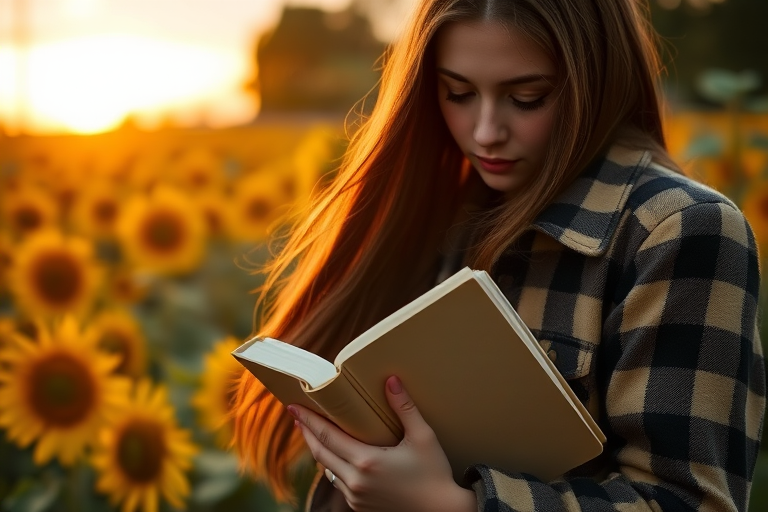a young woman with long hair wearing a plaid jacket embraces a book in a sunflower field during golden hour, soft focus, aperture f/1.8, shutter speed 1/200s, ISO 100, 50mm lens, DSLR camera, warm tones, shallow depth of field