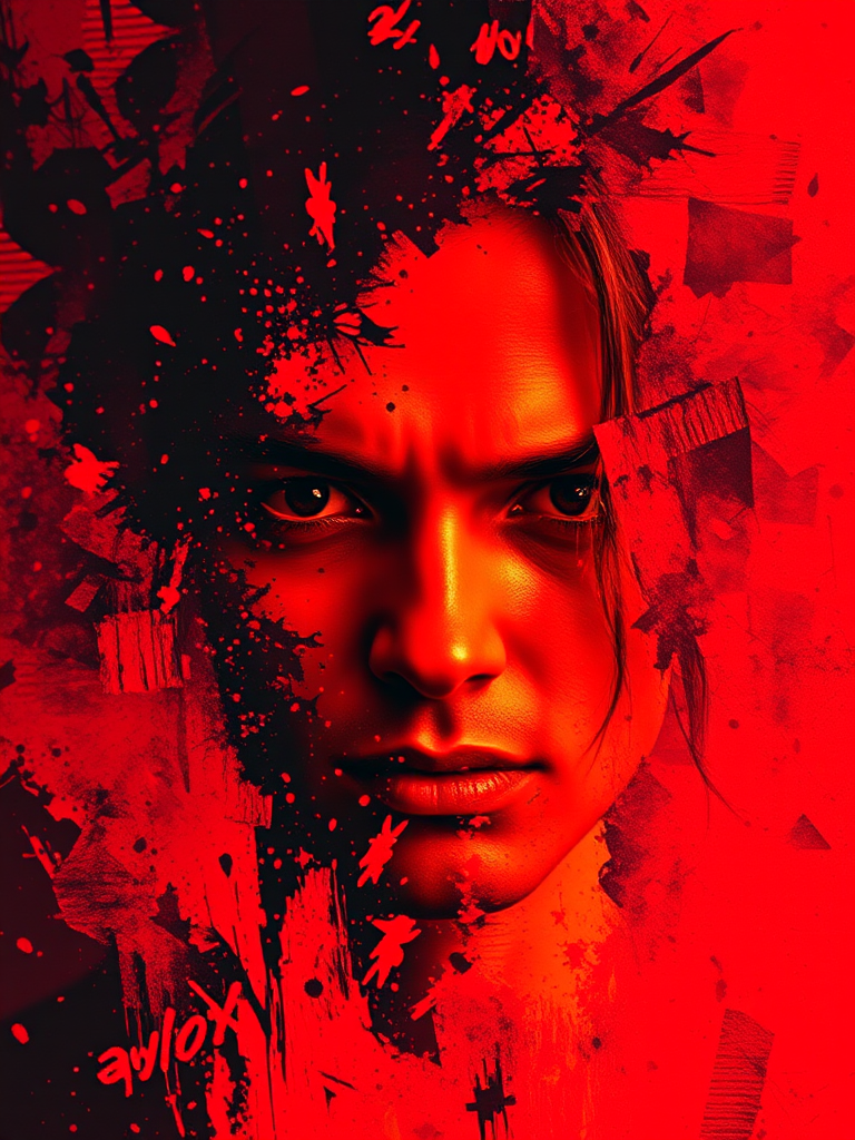 Generate an abstract image featuring a fiery red and orange palette with a central intense face partially obscured by chaotic textures and patterns, captured with a Canon EOS R5, 50mm lens, f/1.8 aperture, ISO 100, shutter speed 1/200s, focusing on dynamic contrasts and vibrant colors.