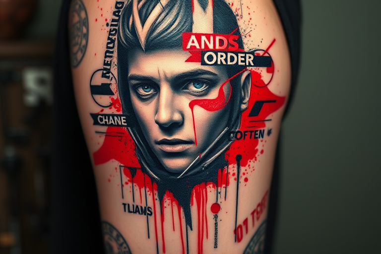 Trash polka tattoo titled "Chaos and Order" featuring a striking combination of realistic portraiture and abstract elements, with bold splashes of vibrant red ink contrasting against black and gray photorealistic details, incorporating typography and geometric shapes to create a dynamic and visually arresting composition, utilizing negative space and deliberately "unfinished" areas to add to the raw and edgy aesthetic, ideal for those seeking a bold and unconventional tattoo style that pushes the boundaries of traditional design