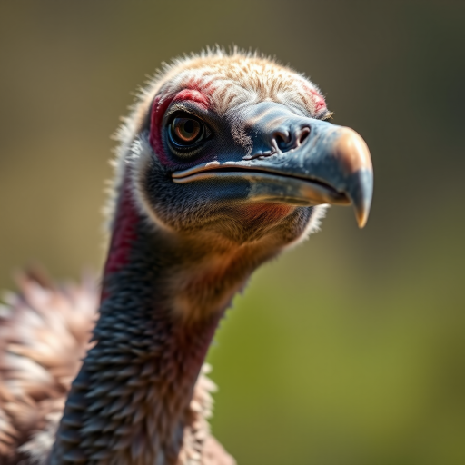 Capture a close-up of a vulture's head with a shallow depth of field, using a 85mm lens at f/1.8, ISO 200, and 1/200 sec shutter speed, in natural light with a soft bokeh background for enhanced detail and color contrast.