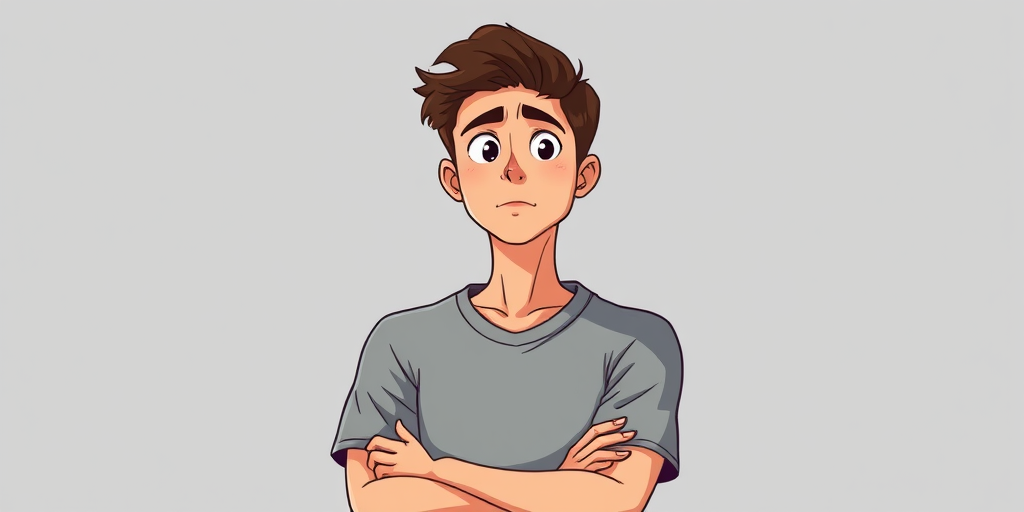 Create a portrait of a young man with a thoughtful expression, wearing a simple gray t-shirt with arms crossed, illustrated in a cartoon style, using a 50mm lens, f/1.8 aperture, ISO 200, soft lighting, and a digital art style.