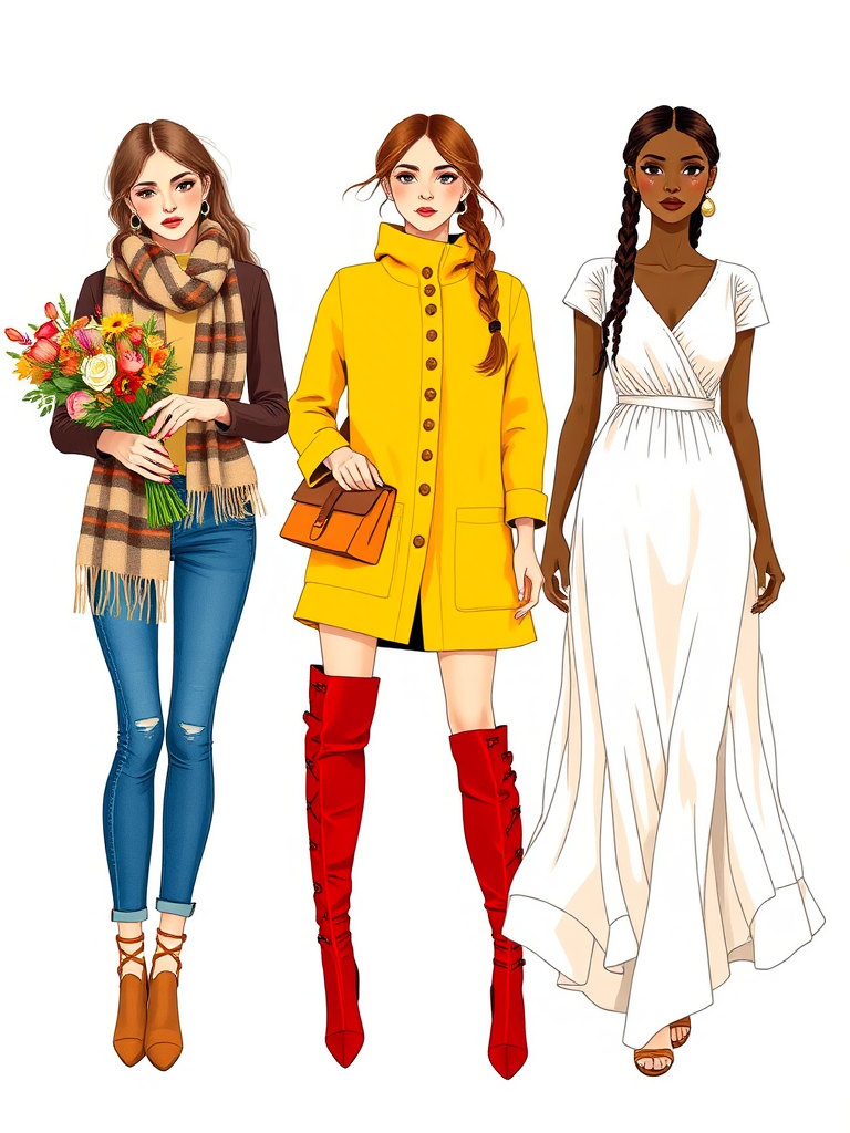 Create a vibrant illustration of three fashionable women in fall attire, one holding a bouquet of flowers, wearing a patterned scarf, another in bright yellow with knee-high red boots, and the last in a flowing white dress with braided hair, captured with a Canon EOS R5, 50mm lens, f/1.8, ISO 100, natural lighting, from a frontal view to enhance detail and color vibrancy.