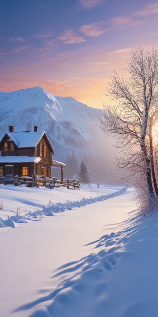 Cozy Winter Cabin Surrounded by Snowy Mountains at Sunset Glow