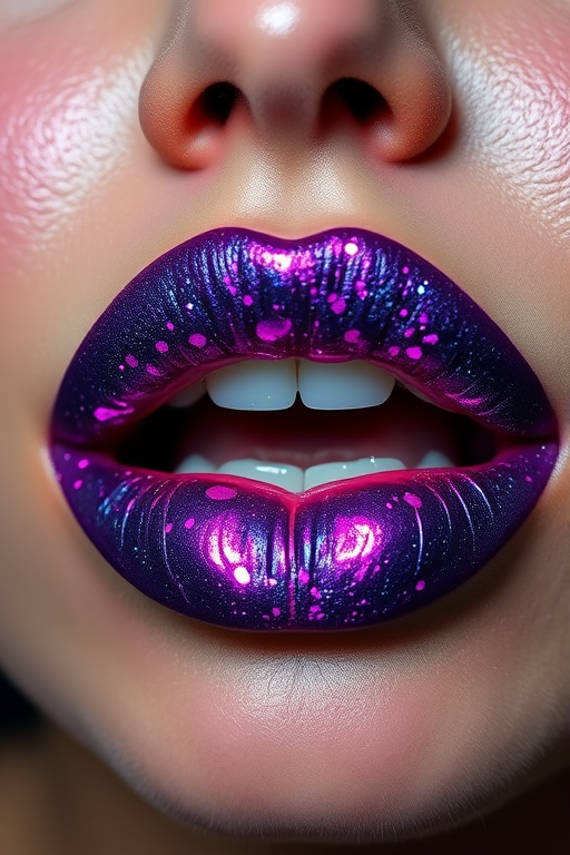 Dramatic "Galactic Nova" lip design showcases a deep space-inspired palette of purples, blues, and silvers with a high-shine, holographic finish that's out of this world