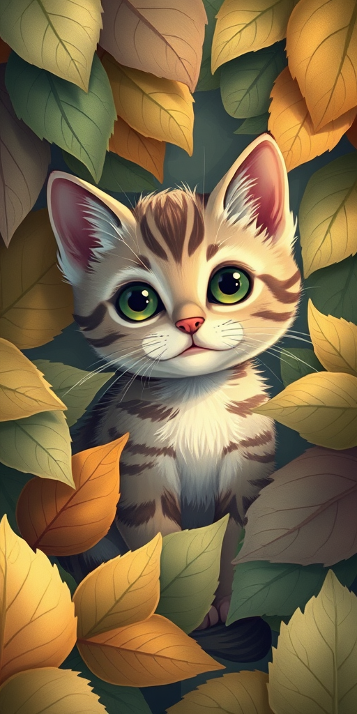 Illustration of a cute cat sitting among detailed leaves, digital illustration, 300 DPI, 16:9 aspect ratio, soft lighting, Canon EOS 5D Mark IV, f/2.8, ISO 100.