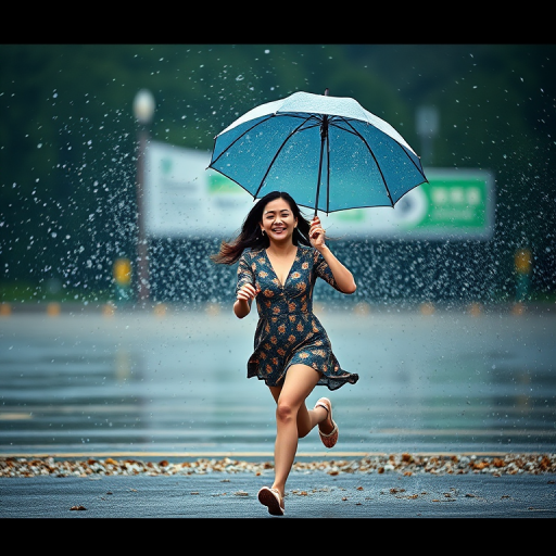 Create an image of a joyful woman running with an umbrella, the background dissolving into particles, captured with a Canon EOS R5 at f/2.8, 1/500s, ISO 100, in high dynamic range, with a slightly tilted angle for a dynamic effect.