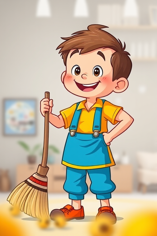 Create an illustration of a cheerful cartoon boy with a broom wearing a bright yellow shirt and blue pants, in a vibrant and colorful style, captured with a DSLR camera at f/2.8 aperture, 50mm lens, natural lighting, with a shallow depth of field to enhance details in the foreground.