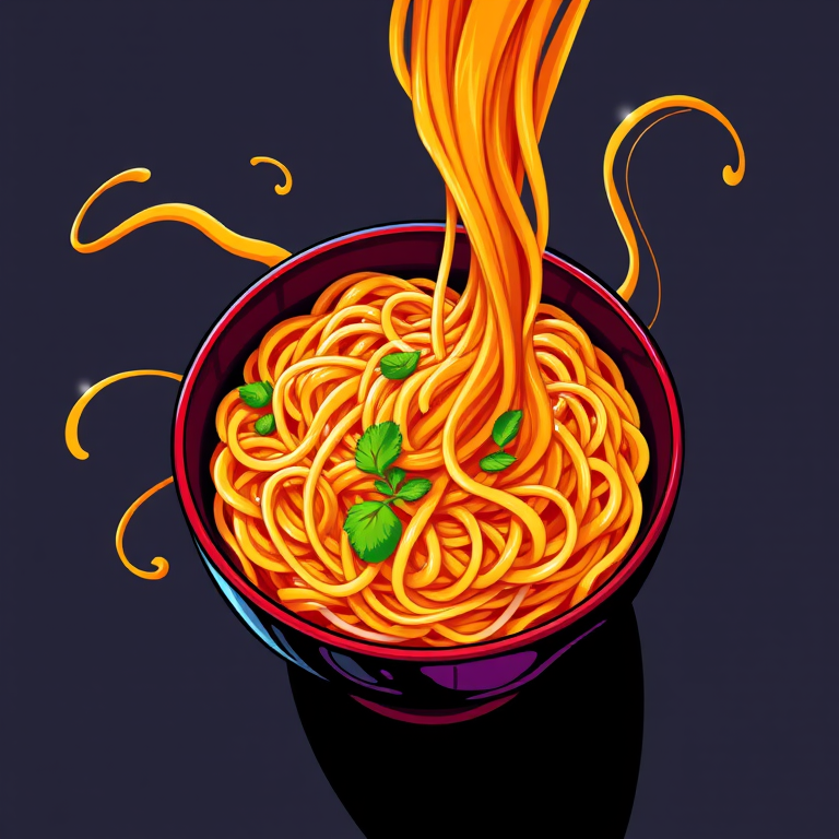 Create a vibrant illustration of a bowl of noodles with flowing strands, using a digital art style, focus on high contrast colors, shot in a top-down view, with a resolution of 300 DPI for high clarity.