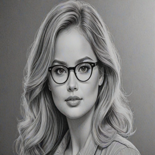 Stunning Debby Ryan, pencil sketch, portrait of Captivating woman 1947s in glasses, hair style beatnik, outline, clear lines, fine lines, 8k