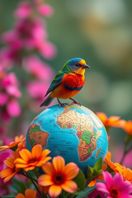 Create a vibrant image of a colorful bird perched on a lush globe surrounded by flowers, shot with a Canon EOS R5, 50mm lens, f/1.8 aperture, ISO 100, in a high dynamic range style with a soft focus background and vivid colors.