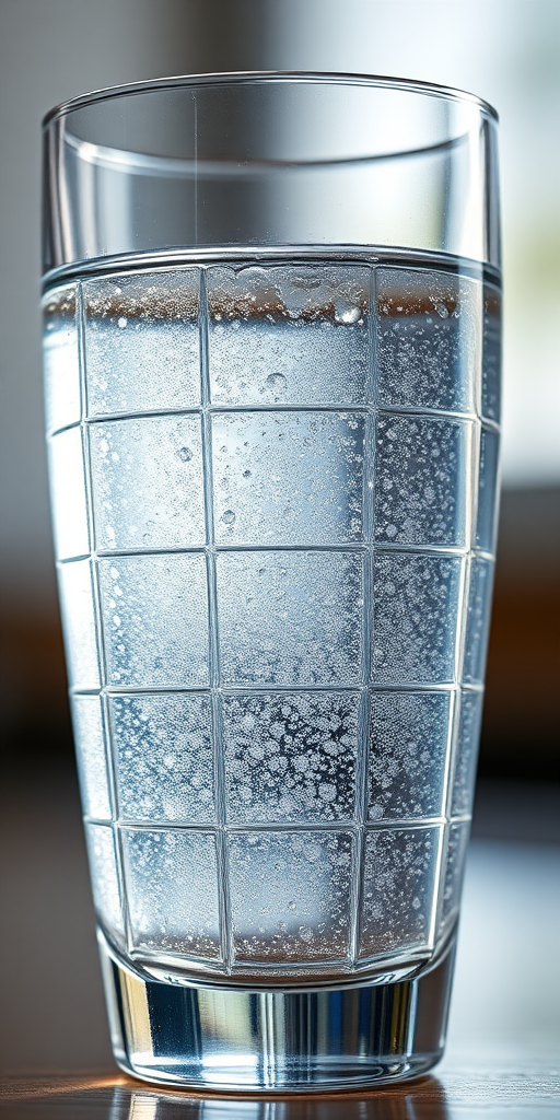Capture a close-up photograph of a clear glass filled with sparkling water, 50mm lens, f/2.8 aperture, ISO 100, shallow depth of field, natural light, high dynamic range, taken with a DSLR camera.