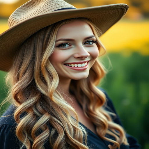 portrait of a smiling woman with long wavy blonde hair wearing a large hat, soft natural light, blurred green background, shallow depth of field, 85mm lens, aperture f/1.8, ISO 100, golden hour lighting, DSLR style