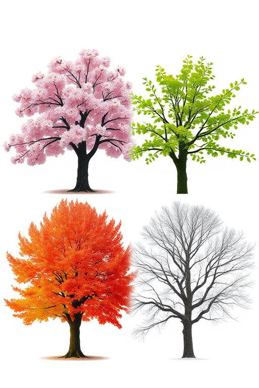 Create an illustration of four trees depicting the four seasons, featuring blooming cherry blossoms for spring, lush green leaves for summer, vibrant orange and red leaves for autumn, and a snowy, bare tree for winter, with a clean white background, shot with a Canon EOS R5 at f/8, 50mm lens, ISO 100, natural lighting for enhanced detail and color vibrancy.