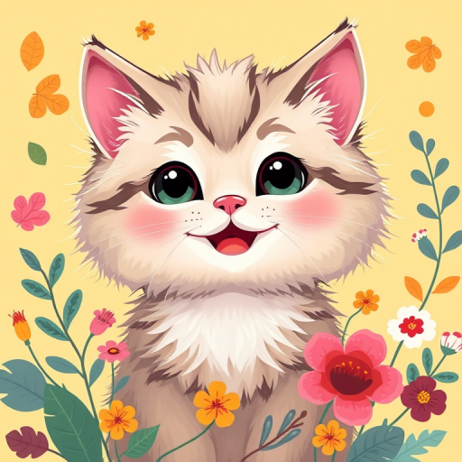 Create a playful illustration of a fluffy cat with big eyes and a happy expression surrounded by colorful leaves and flowers on a light yellow background, using a Canon EOS R5 with a 85mm f/1.2 lens, aperture set to f/2.8, ISO 100, and a vibrant color palette for enhanced image quality.