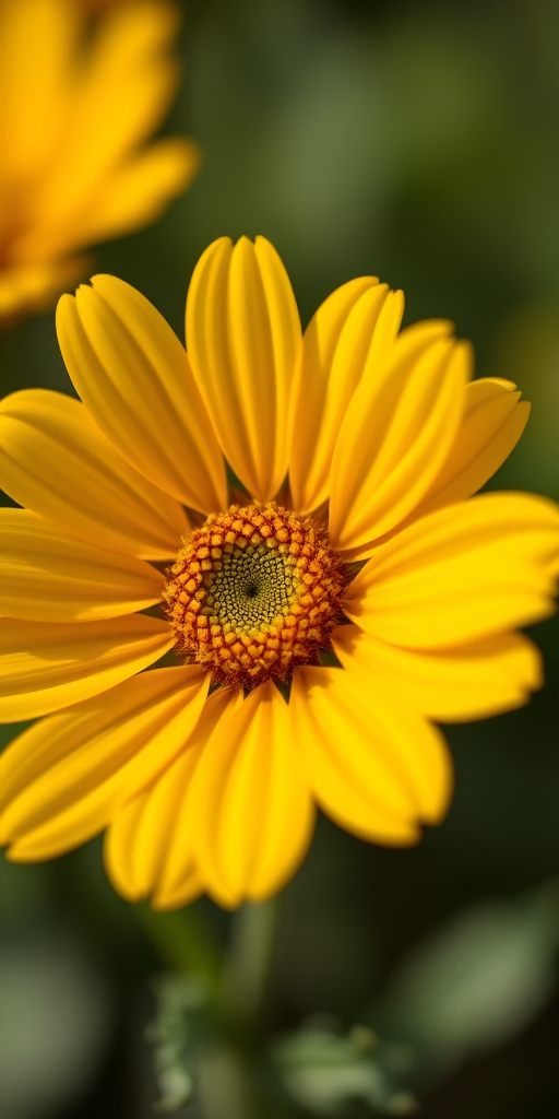 macro shot of a vibrant yellow flower with intricate details in the center, natural lighting, aperture f/2.8, ISO 100, 50mm lens, focus on the flower's center, soft bokeh background, DSLR camera