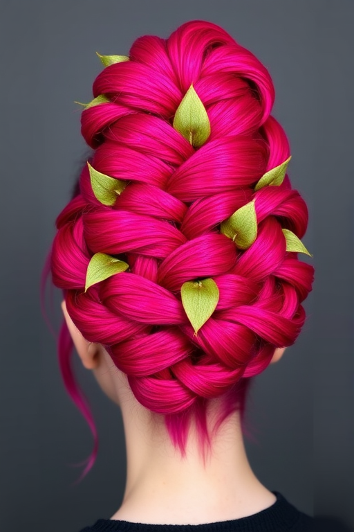 Vibrant magenta hair arranged in an elaborate updo resembling a blooming flower, with intricate braids and twists forming petals and leaves, embodying a botanical masterpiece named Fuchsia Floret