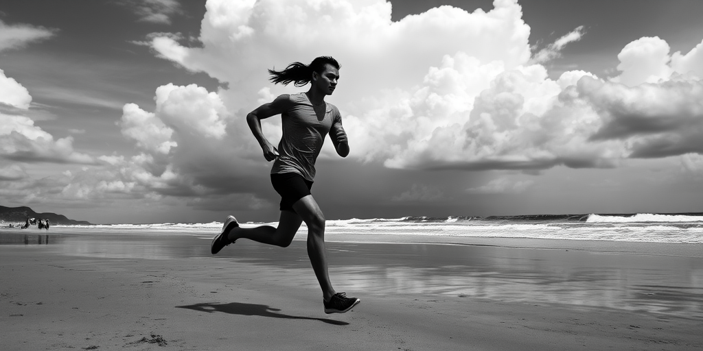 black and white photograph of a person running along the beach, low angle view, natural light, aperture f/8, shutter speed 1/500s, ISO 200, DSLR camera, wide-angle lens, dramatic cloud cover in the sky, emphasizing movement and emotion