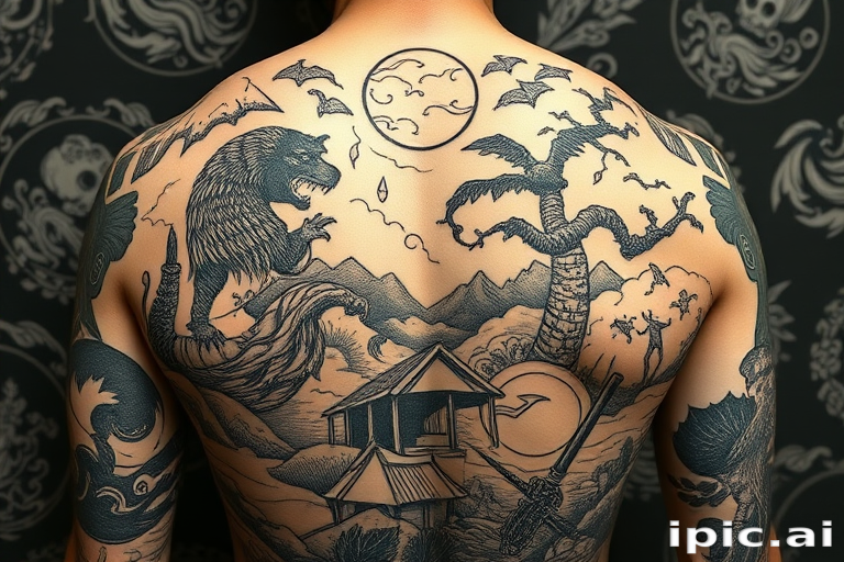 Woodcut-style tattoo titled "Folklore Etched" featuring scenes from mythology and folklore rendered in the style of traditional woodblock prints, with bold black lines and intricate cross-hatching to create texture and depth, spanning across the upper back and shoulders