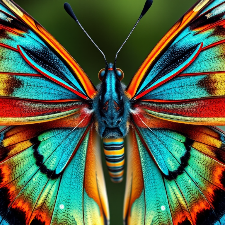 Create a highly detailed illustration of a butterfly with vibrant teal and brown colors, using a macro lens at f/2.8, shot from a top-down perspective with a DSLR camera to enhance clarity and depth.