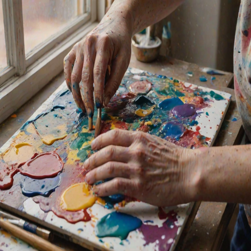 Close-up of an artist’s hands splattered with paint, holding a brush mid-stroke against a colorful abstract canvas, soft light from a nearby window casting shadows on the easel.