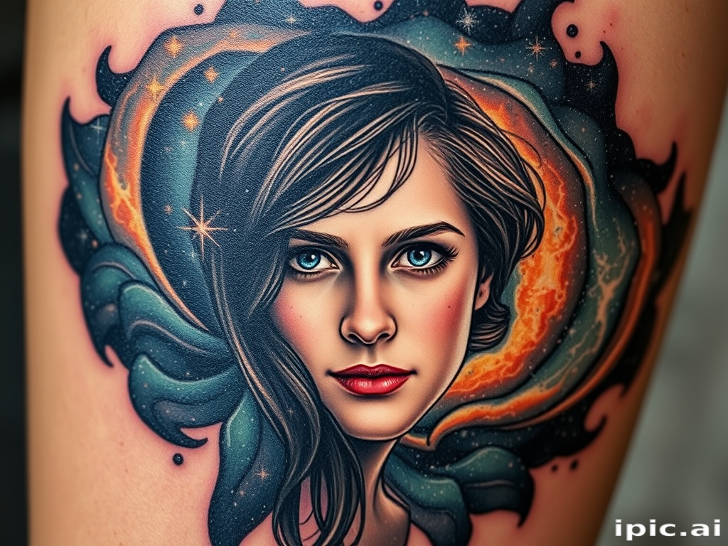 Photorealistic portrait tattoo featuring a loved one's face emerging from a swirling galaxy, incorporating elements of double exposure and surrealism for a breathtaking memorial piece