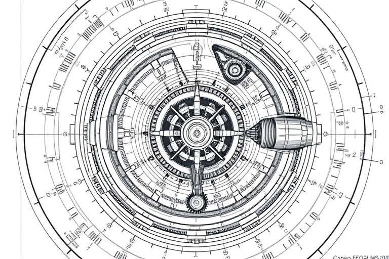 Create a high-resolution digital illustration of a futuristic technical drawing featuring intricate machinery and mathematical formulas encased in a circular shape, using a Canon EOS R5, 50mm lens, f/2.8 aperture, ISO 100, shot from a straight-on perspective, with a soft focus background to enhance the clarity of the central design.