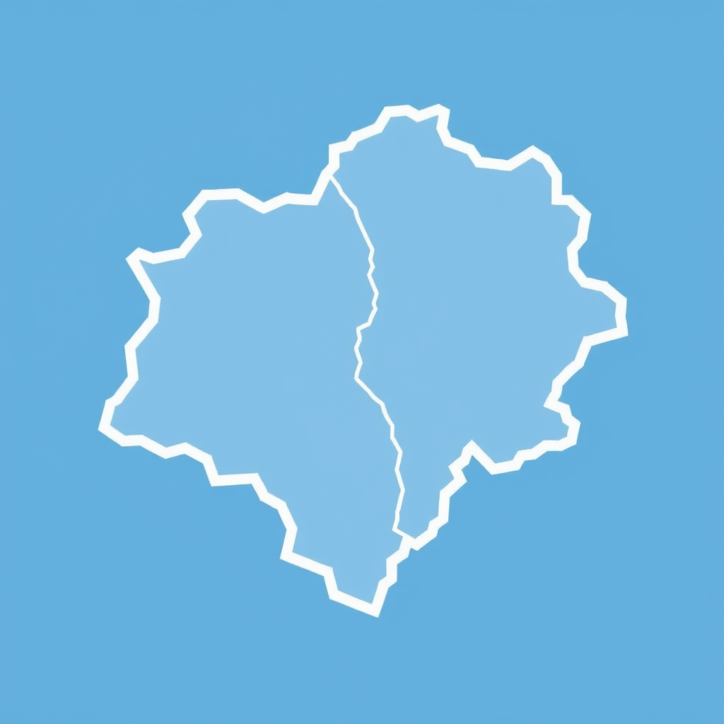 Create a detailed vector illustration of a map outline featuring two distinct regions in light blue with white borders, using a 50mm lens, f/11 aperture, ISO 100, captured from a top-down view with a DSLR camera for enhanced clarity and sharpness.