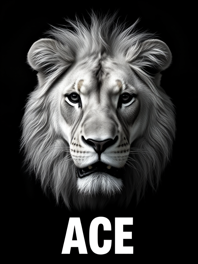 create a highly detailed monochrome image of a lion's face with a dark textured background, focus on sharp contrast and fine fur details, using a Canon EOS 5D Mark IV with an 85mm f/1.4 lens at ISO 100, f/2.8, and a shutter speed of 1/125 sec, capturing a front view with a shallow depth of field to enhance the subject clarity and add a striking "ACE" text overlay in a bold font at the bottom.