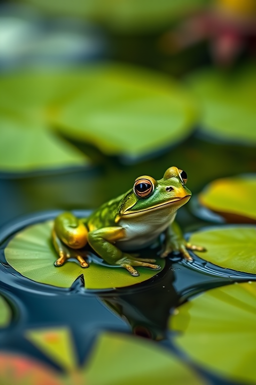 a close-up shot of a green frog sitting on lily pads in a tranquil pond, use a DSLR camera with a 100mm macro lens, aperture f/2.8, ISO 100, natural lighting, shallow depth of field for a blurred background and enhanced focus on the frog