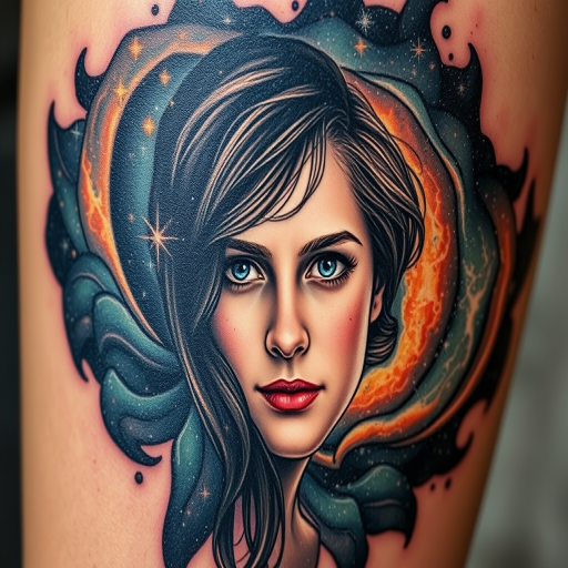 Photorealistic portrait tattoo featuring a loved one's face emerging from a swirling galaxy, incorporating elements of double exposure and surrealism for a breathtaking memorial piece