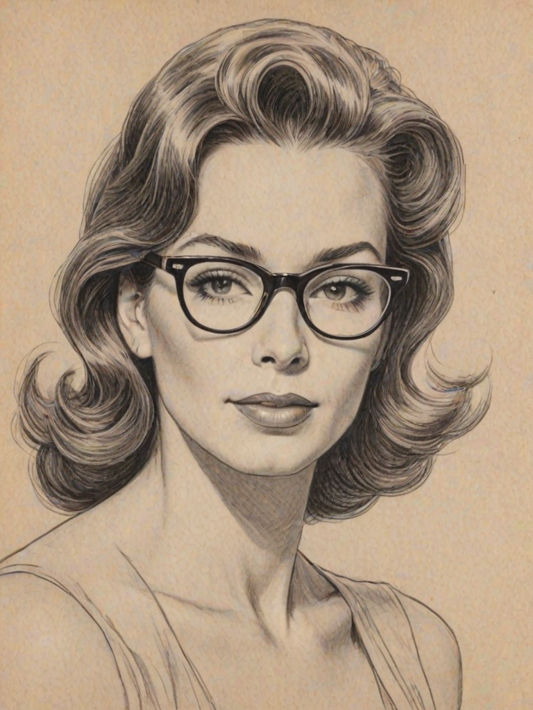 Pleasing Whitney Cummings, pencil sketch, portrait of Enticing woman 1950s in glasses, hair style beatnik, outline, clear lines, fine lines, 8k