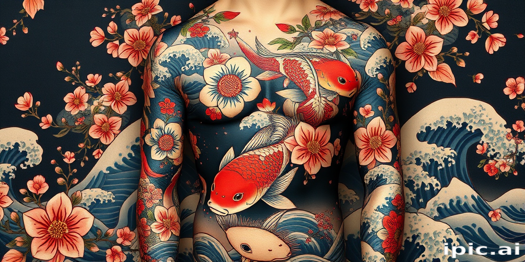 Exquisite Japanese-inspired full body suit tattoo featuring koi fish cherry blossoms and waves in traditional colors with meticulous attention to detail and shading