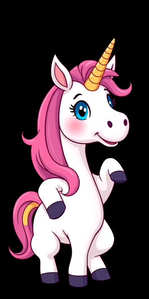 Create a colorful cartoon unicorn character with a playful pose and vibrant pink hair, set against a solid black background, captured with a DSLR camera at f/2.8, 50mm lens, ISO 100, and a soft focus style for enhanced clarity and depth.