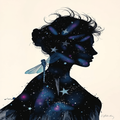 Captivating conceptual render alcohol ink art, double exposure, the paint strokes artfully merge combining a woman's full silhouette with a Delicate dragonfly's silhouette. The figures are composed of a series of colored dots, lines & spots that evoke the image of a cosmic galaxy, colors are deep shades of blue purple & black with flashes of white & silver representing distant stars. The woman's silhouette is formed within the lion's silhouette from constellations of scattered stars, surreal