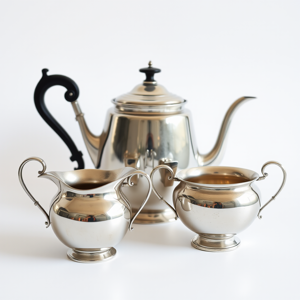 capture a still life of three vintage silver pieces including a teapot with a black handle, a cream jug, and a sugar bowl against a plain white background, use a DSLR camera with a 50mm lens, aperture set to f/8 for depth of field, ISO 100 for clarity, and soft natural lighting for a balanced exposure