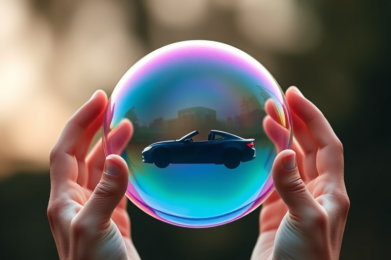 Create an image of an iridescent bubble being held by two hands, featuring a silhouette of a car inside the bubble, shot with a Canon EOS R5, 50mm lens, f/1.8 aperture, ISO 100, using a shallow depth of field and soft focus background for enhanced image quality.
